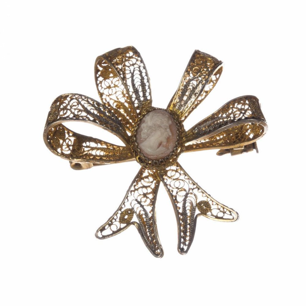 Italian Sterling Silver Filigree & 14 kt Gold Vermeil Shell Cameo Bow Pin